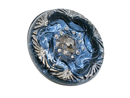 1 pc Czech Glass Buttons Hand Painted, Size 8 (18.0mm | 3/4''), Deep Pale Blue With Silver Ornament, Czech Glass