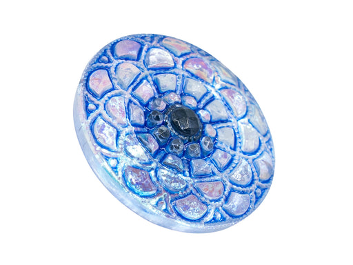 1 pc Czech Glass Buttons Hand Painted, Size 8 (18.0mm | 3/4''), Crystal AB With Blue Scales Ornament, Czech Glass