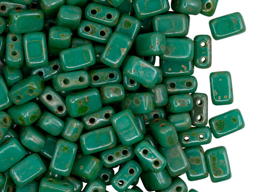 Brick Beads 4.5x3x6.5 mm, 2 Holes, Opaque Green Travertine, Czech Glass