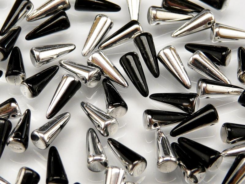 12 pcs Spike Pressed Beads, 13x5mm, Jet Labrador (Jet Silver), Czech Glass