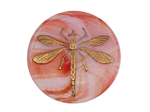 1 pc Czech Glass Button, White Red Gold Dragonfly, Hand Painted, Size 14 (32mm)