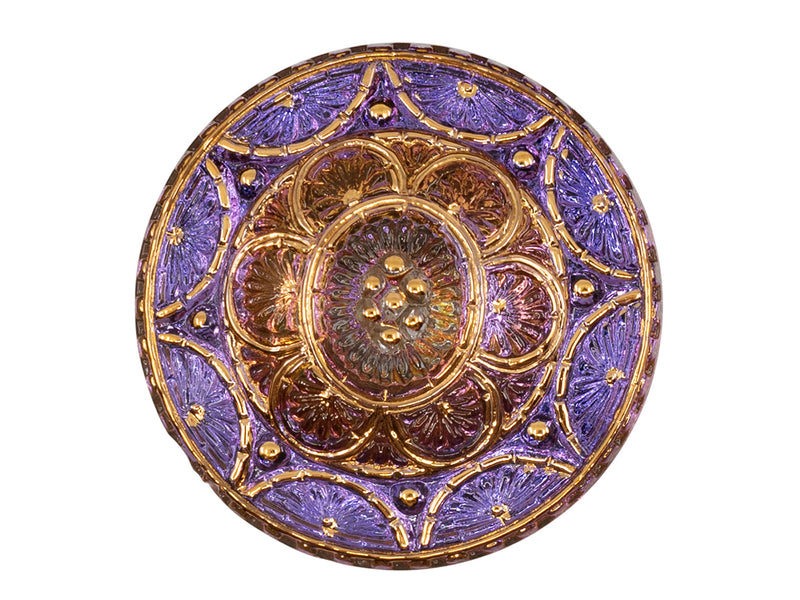 1 pc Czech Glass Button, Blue Volcano Gold Ornament, Hand Painted, Size 14 (32mm)