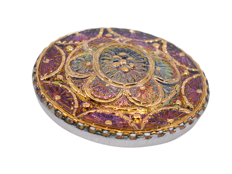 1 pc Czech Glass Button, Blue Volcano Gold Ornament, Hand Painted, Size 14 (32mm)