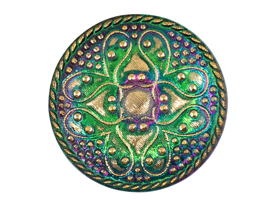 1 pc Czech Glass Button, Green Vitrail Gold Ornament, Hand Painted, Size 14 (32mm)