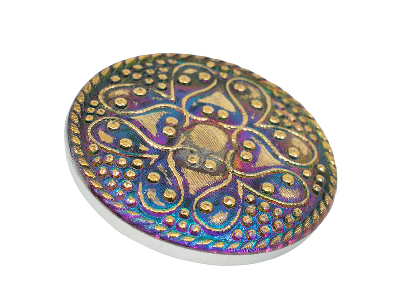 1 pc Czech Glass Button, Green Vitrail Gold Ornament, Hand Painted, Size 14 (32mm)