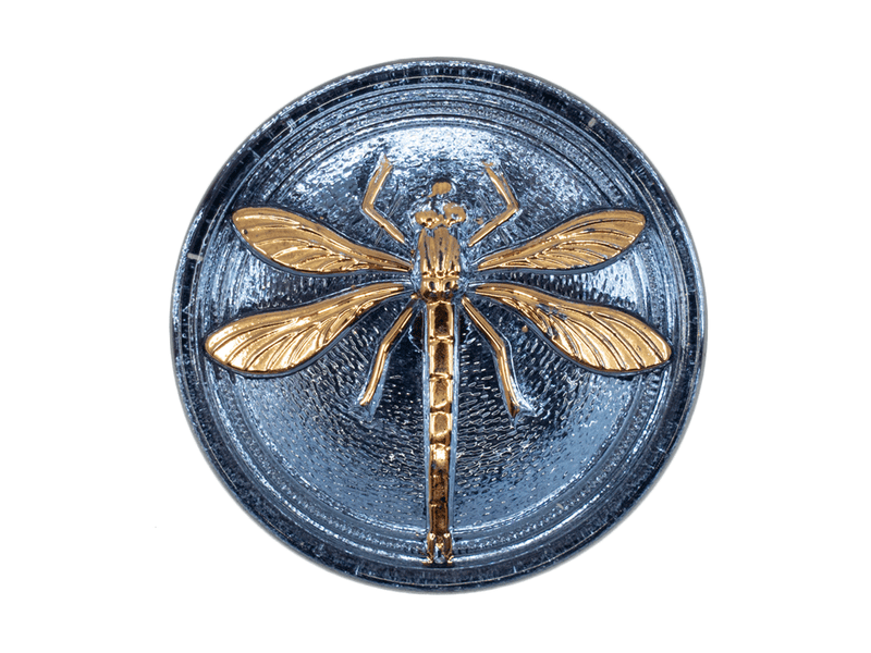 1 pc Czech Glass Cabochon Light Blue Gold Dragonfly (Smooth Reverse Side), Hand Painted, Size 14 (32mm)