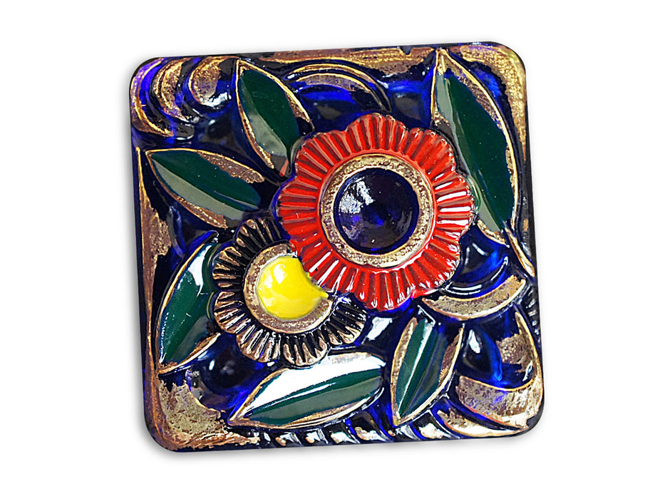 1 pc Czech Glass Button, Square Sapphire Flowers, Hand Painted, Size 14 (32mm)