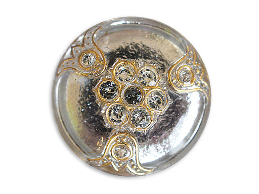 1 pc Czech Glass Button, Crystal Gold Ornament with Rhinestones, Hand Painted, Size 14 (32mm)