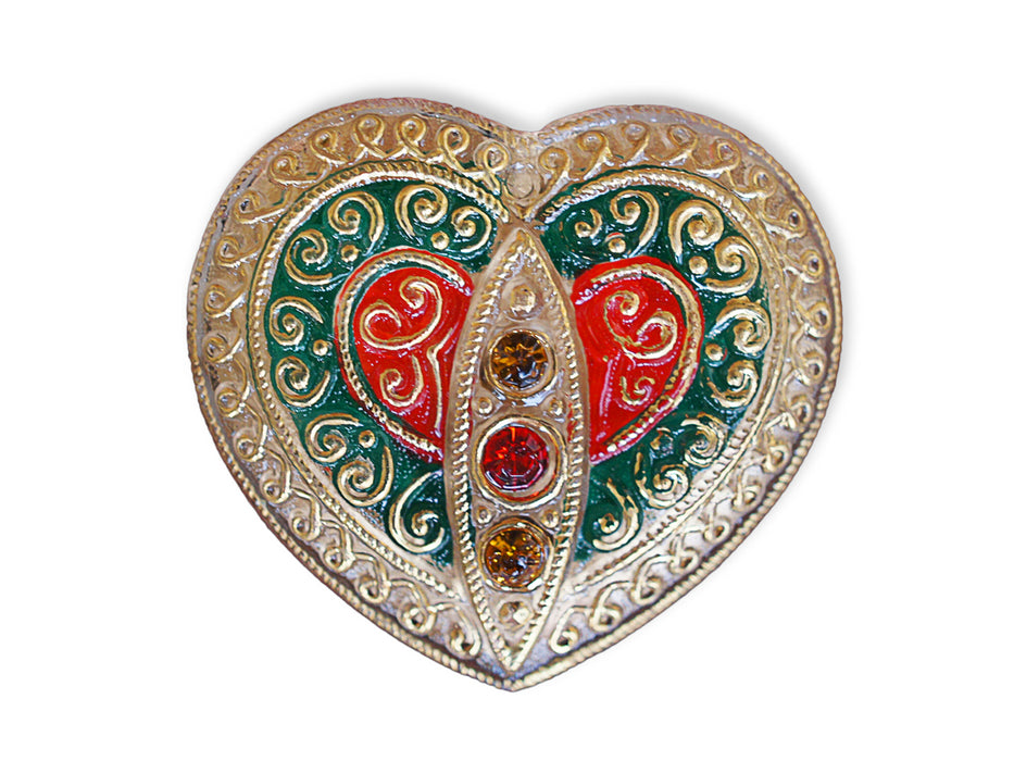 1 pc Czech Glass Button, Heart Gold Ornament with Rhinestones, Hand Painted, Size 14 (32mm)