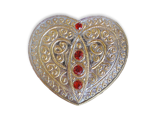 1 pc Czech Glass Button, Heart Gold Ornament with Red Rhinestones, Hand Painted, Size 14 (32mm)