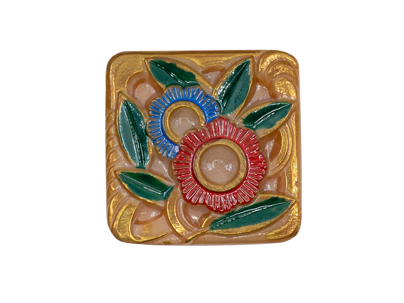 1 pc Czech Glass Button, Square Beige with Flowers, Hand Painted, Size 14 (32mm)
