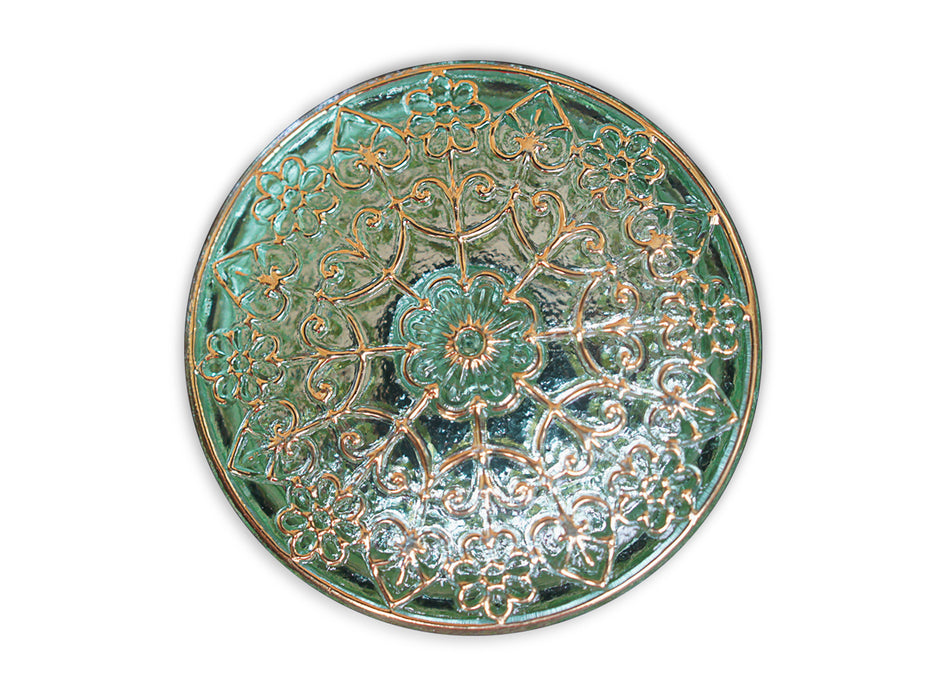 1 pc Czech Glass Button, Green Transparent Gold Ornament, Hand Painted, Size 14 (32mm)