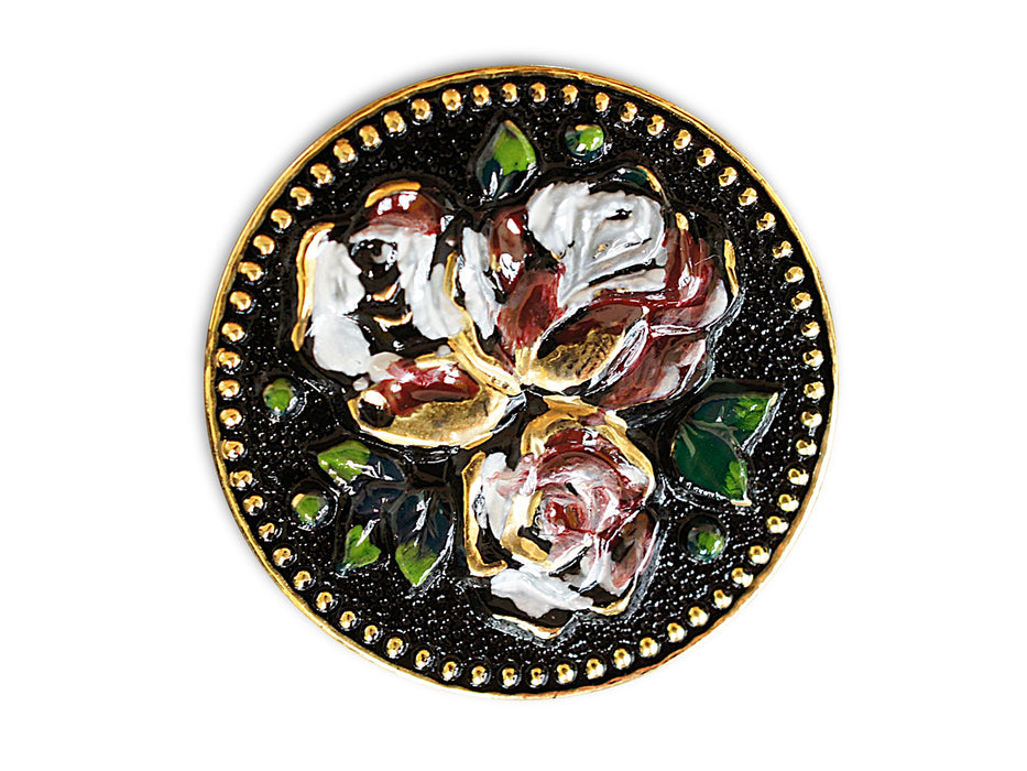 1 pc Czech Glass Button, Black Gold with Flowers, Hand Painted, Size 14 (32mm)