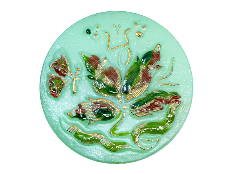 1 pc Czech Glass Button, Turquoise Green, Hand Painted, Size 14 (32mm)