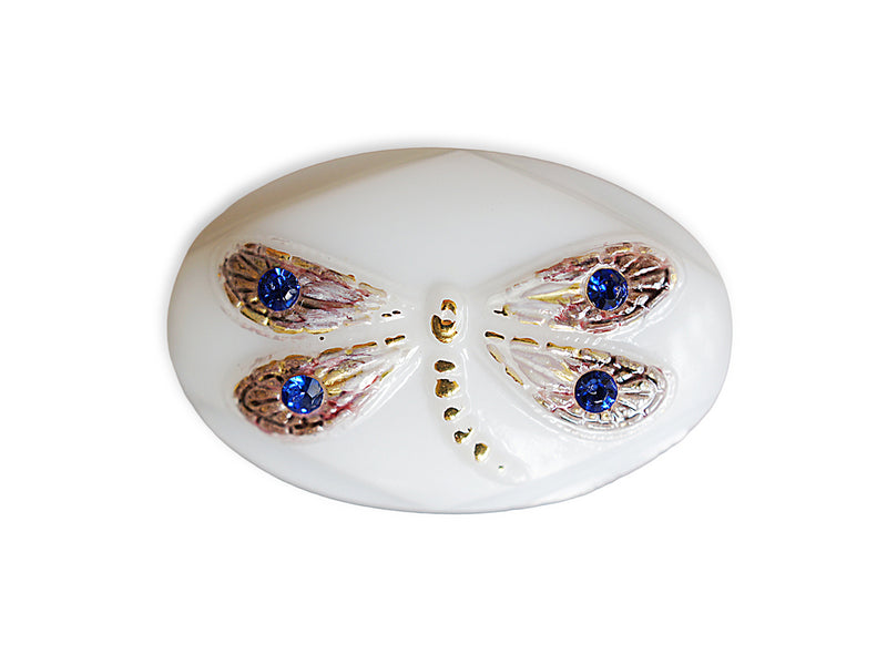 1 pc Czech Glass Button, Oval White with Dragonfly, Hand Painted, Size 14 (32mm)