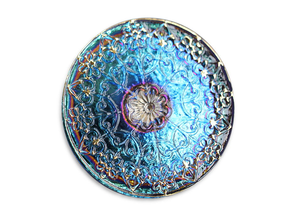 1 pc Czech Glass Button, Blue Vitrail Gold Ornament, Hand Painted, Size 14 (31.5mm)