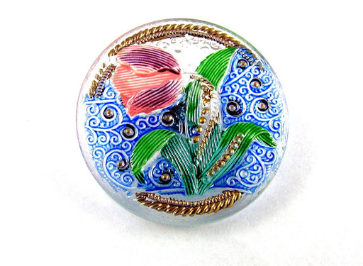 Czech Glass Button Hand Painted, Size 14 (31.5mm | 1 1/4''), Crystal Tulip, Czech Glass