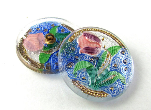 1 pc Czech Glass Button Hand Painted, Size 14 (31.5mm | 1 1/4''), Crystal Tulip, Czech Glass