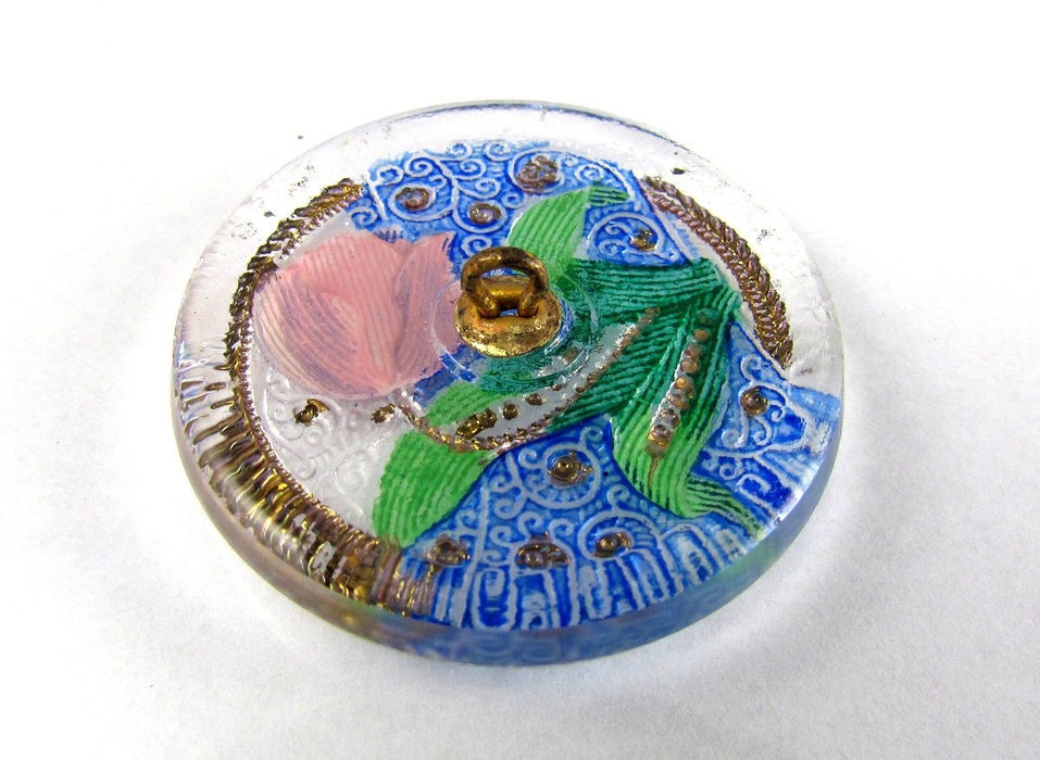 1 pc Czech Glass Button Hand Painted, Size 14 (31.5mm | 1 1/4''), Crystal Tulip, Czech Glass