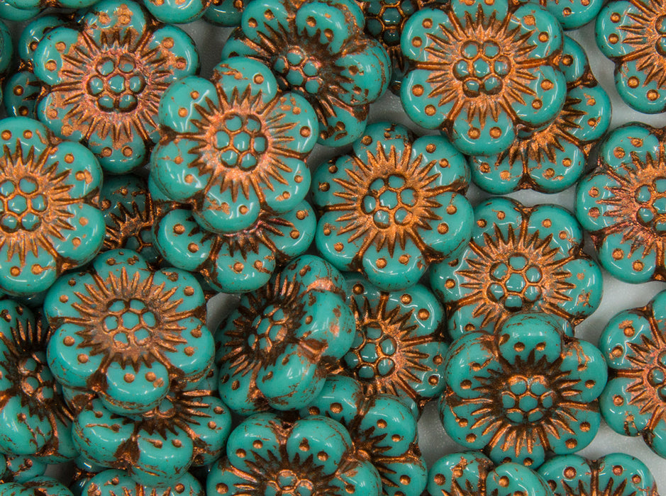 12 pcs Flower Beads, 14mm, Opaque Turquoise Green with Bronze Fired Color, Czech Glass