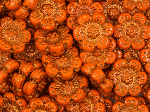 12 pcs Flower Beads, 14mm, Opaque Orange with Bronze Fired Color, Czech Glass