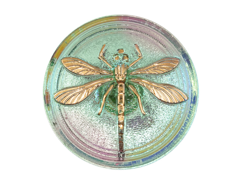 1 pc Czech Glass Button, Transparent Yellow Green Gold Dragonfly, Hand Painted, Size 14 (32mm)