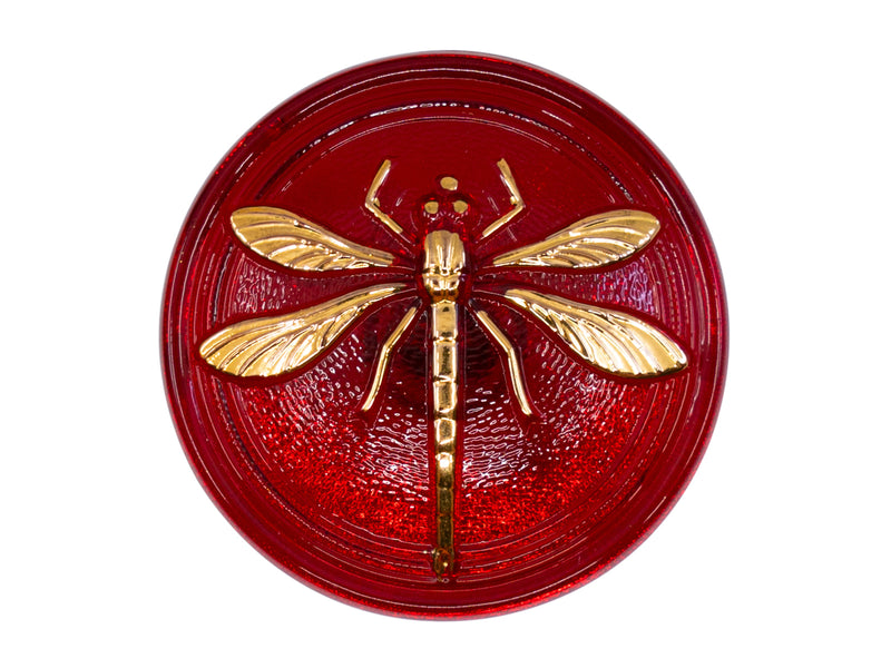 1 pc Czech Glass Button, Ruby Gold Dragonfly, Hand Painted, Size 14 (31.5 mm)