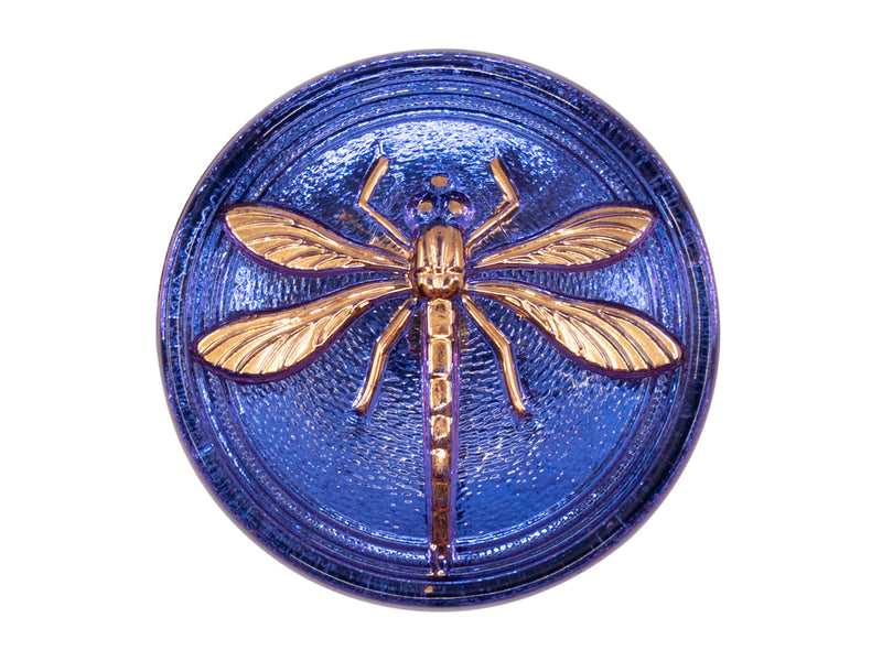 1 pc Czech Glass Cabochon Blue Purple Vitrail Gold Dragonfly (Smooth Reverse Side), Hand Painted, Size 14 (32mm)