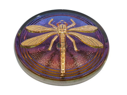 1 pc Czech Glass Cabochon Blue Purple Vitrail Gold Dragonfly (Smooth Reverse Side), Hand Painted, Size 14 (32mm)