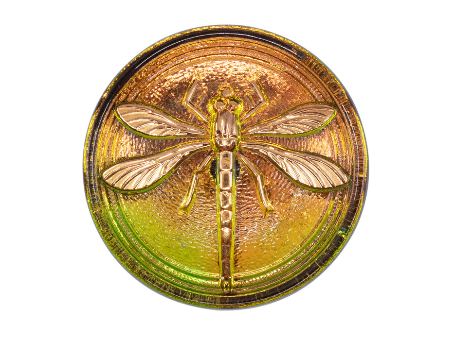 1 pc Czech Glass Cabochon Pink Green Gold Dragonfly (Smooth Reverse Side), Hand Painted, Size 14 (32mm)