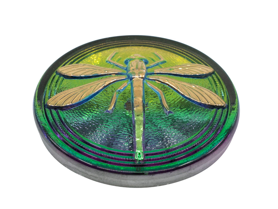1 pc Czech Glass Cabochon Pink Green Gold Dragonfly (Smooth Reverse Side), Hand Painted, Size 14 (32mm)