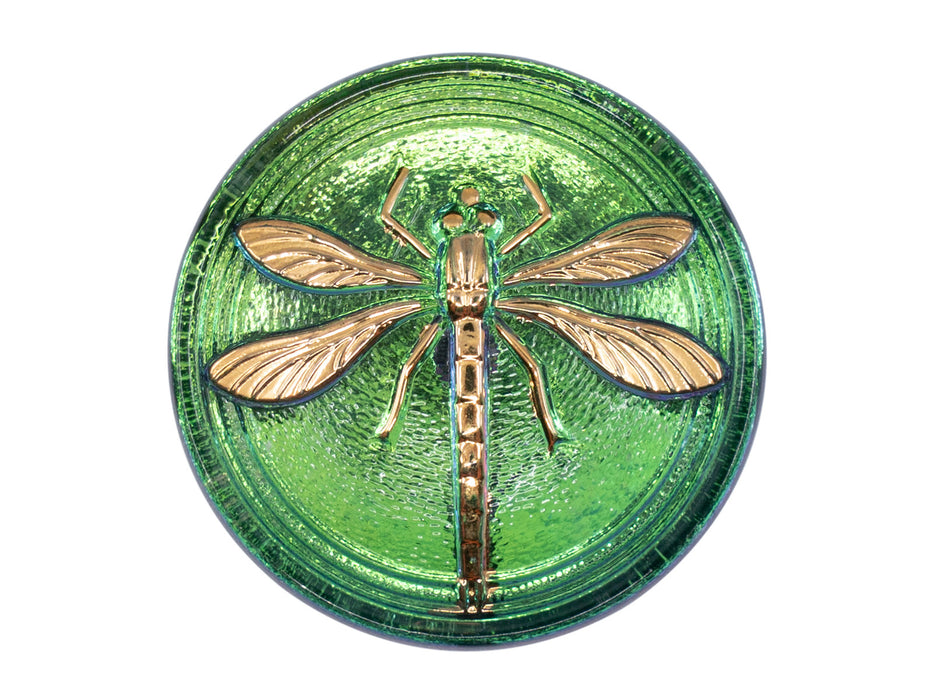1 pc Czech Glass Cabochon Green Purple Vitrail Gold Dragonfly (Smooth Reverse Side), Hand Painted, Size 14 (32mm)