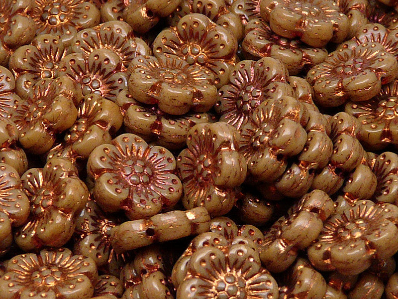 12 pcs Flower Beads, 14mm, Opaque Beige with Bronze Fired Color, Czech Glass