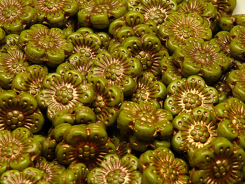 12 pcs Flower Beads, 14mm, Opaque Olivine with Bronze Fired Color, Czech Glass