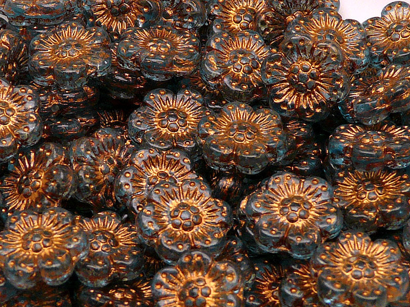 12 pcs Flower Beads, 14mm, Light Aquamarine with Bronze Fired Color, Czech Glass