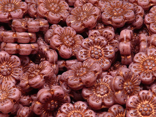 12 pcs Flower Beads, 14mm, Opaque Pink with Bronze Fired Color, Czech Glass