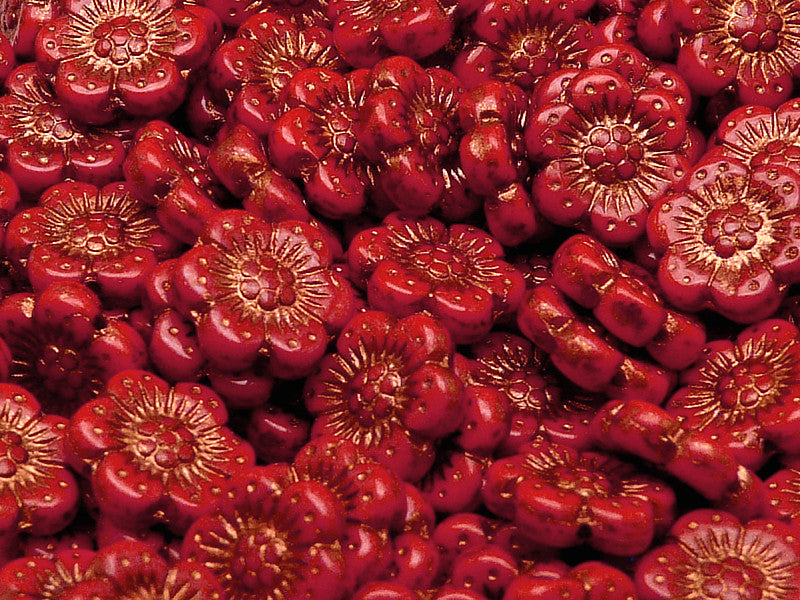 12 pcs Flower Beads, 14mm, Red Coral with Bronze Fired Color, Czech Glass