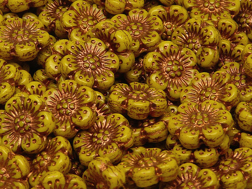 12 pcs Flower Beads, 14mm, Opaque Yellow with Bronze Fired Color, Czech Glass