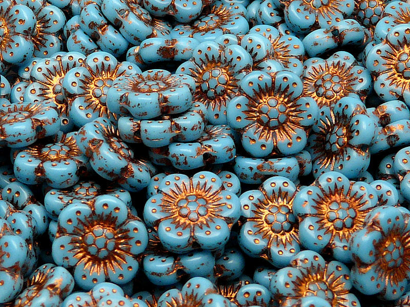 12 pcs Flower Beads, 14mm, Turquoise Blue with Bronze Fired Color, Czech Glass