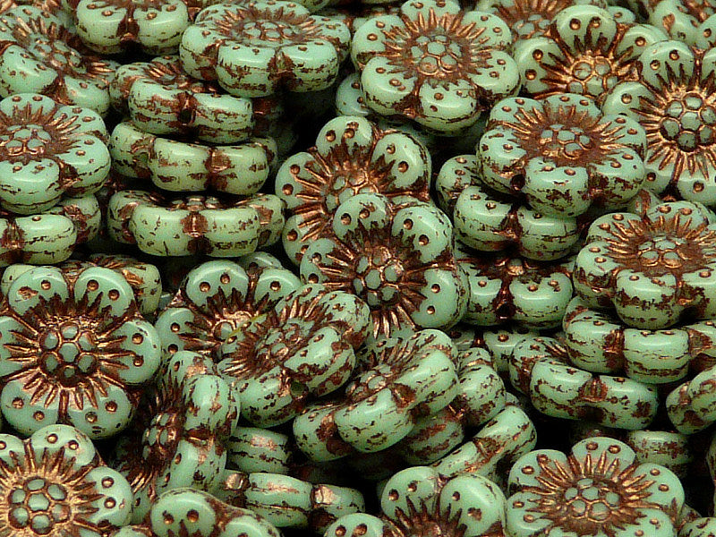 12 pcs Flower Beads, 14mm, Opaque Green with Bronze Fired Color, Czech Glass