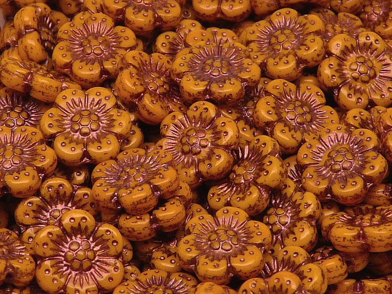 12 pcs Flower Beads, 14mm, Opaque Light Orange with Bronze Fired Color, Czech Glass