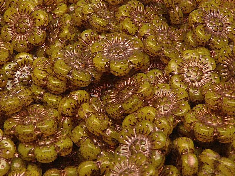 12 pcs Flower Beads, 14mm, Yellow Opal with Bronze Fired Color, Czech Glass