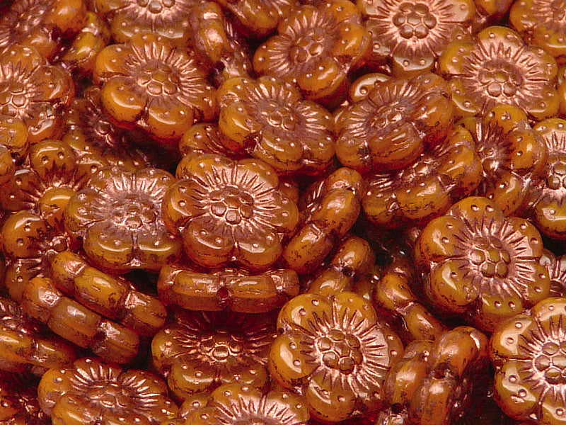 12 pcs Flower Beads, 14mm, Orange Opal with Bronze Fired Color, Czech Glass