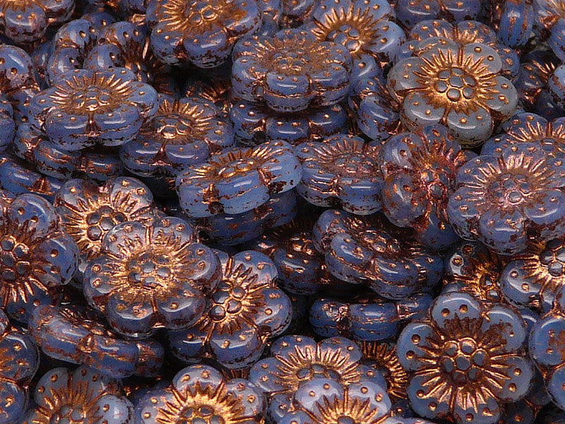 12 pcs Flower Beads, 14mm, Sapphire Opal with Bronze Fired Color, Czech Glass