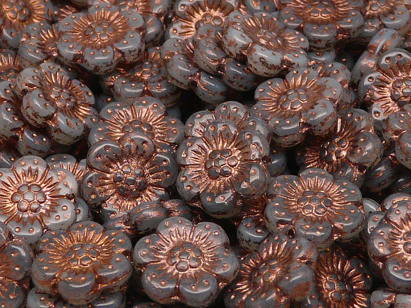 12 pcs Flower Beads, 14mm, Gray Opal with Bronze Fired Color, Czech Glass