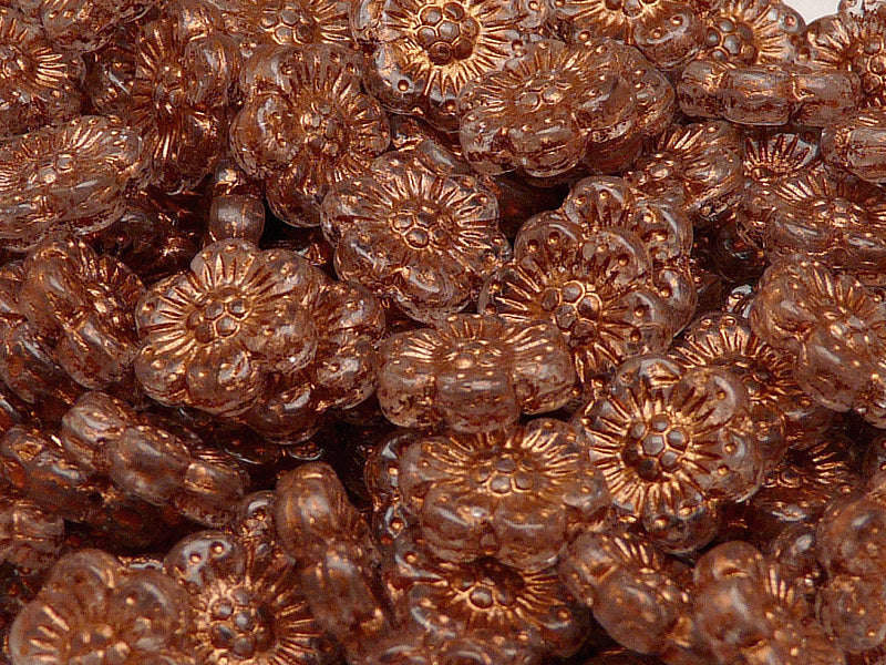 12 pcs Flower Beads, 14mm, Crystal with Bronze Fired Color, Czech Glass