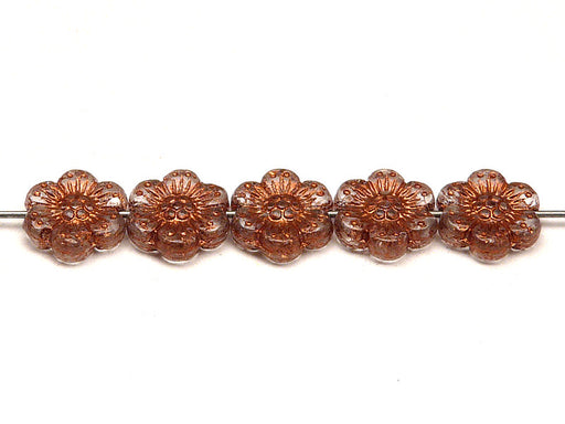 12 pcs Flower Beads, 14mm, Crystal with Bronze Fired Color, Czech Glass