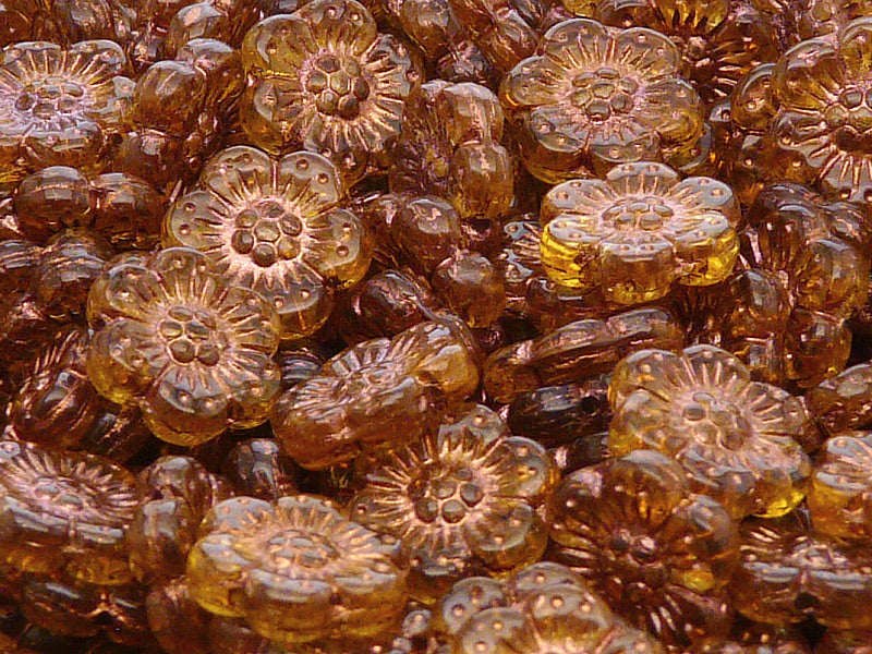 12 pcs Flower Beads, 14mm, Topaz with Bronze Fired Color, Czech Glass