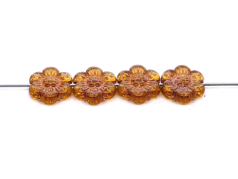 12 pcs Flower Beads, 14mm, Topaz with Bronze Fired Color, Czech Glass