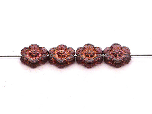 12 pcs Flower Beads, 14mm, Amethyst with Bronze Fired Color, Czech Glass